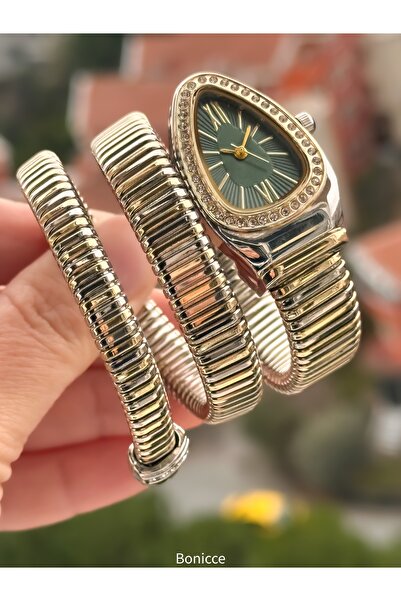 Bonicce ساعة على شكل ثعبان، هدية عيد الحب للنساء في عبوة هدايا أنيقة، قرص أخضر