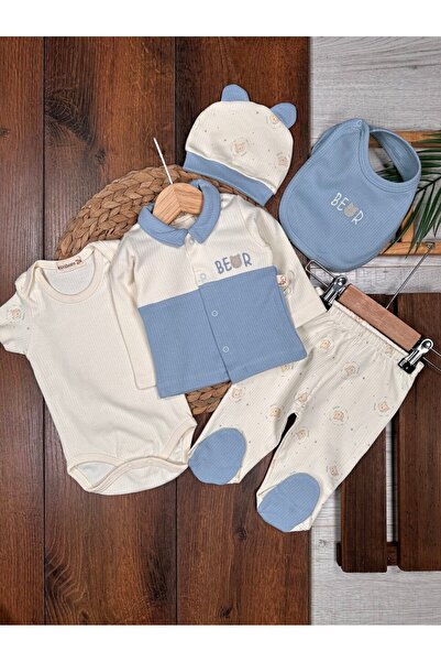 Kids Kingdom طقم أطفال للأولاد مكون من 5 قطع بنمط دمية الدب القطنية مع أزرار كبس