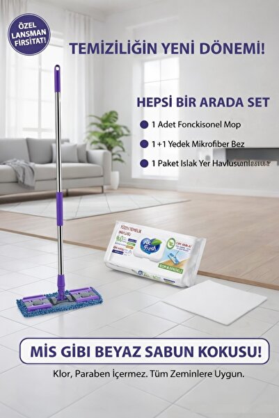 Primeaks Fonksiyonel Mop Seti | 1+1 Mikrofiber Bez + 48’li Islak Yer Havlusu ...
