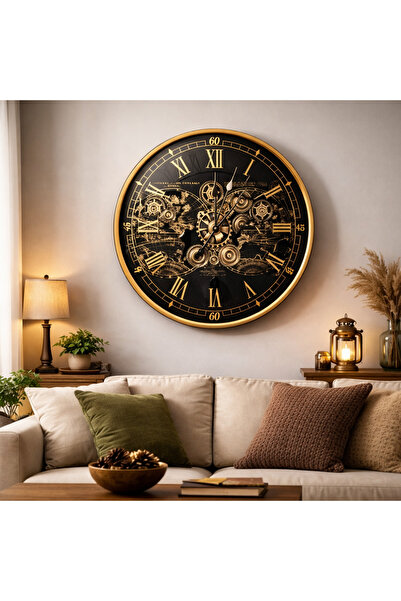 hediyeconcepti Dünya Haritalı Metal Çarklı Duvar Saati – Altın Detaylı Steamp...