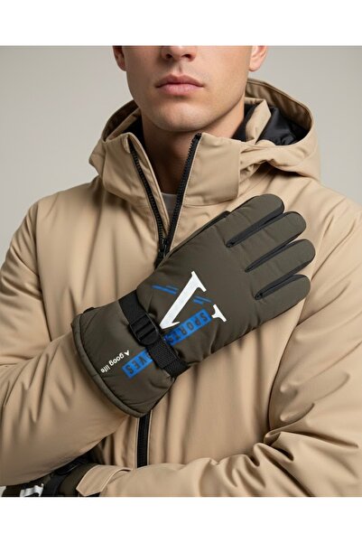 Şirin Giyim Aksesuar قفازات رجالية شتوية للتزلج باللون الكاكي - قماش صوفي للثلج