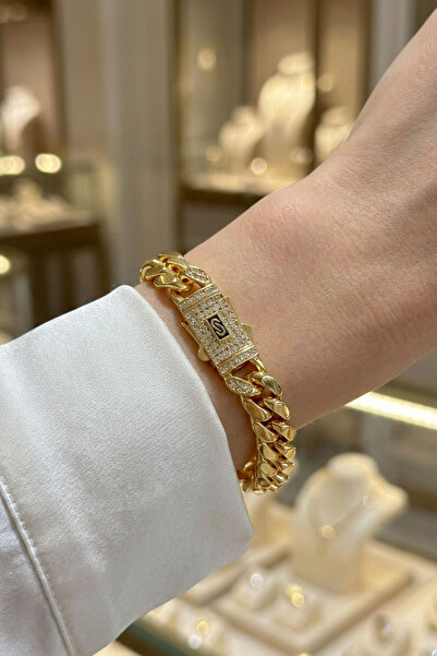 bacc Gurmet Bileklik 14 K Altın Kaplama Kalın Zincir Bileklik Kilit Kuyumcu M...