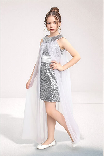 JOGCO Rochie de seară gri pentru fete, cu detalii din tul și broderie elegant...