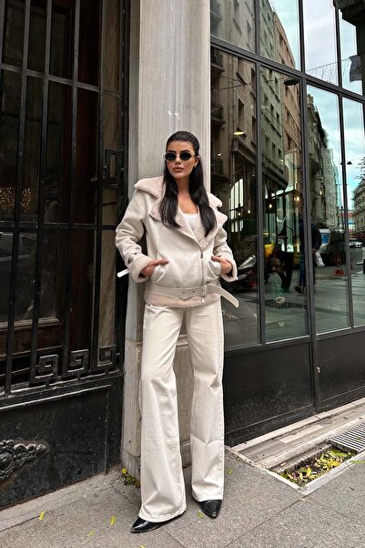 XXL BUTİK Women's Ecru Fur Belted Suede Jacket Esr007