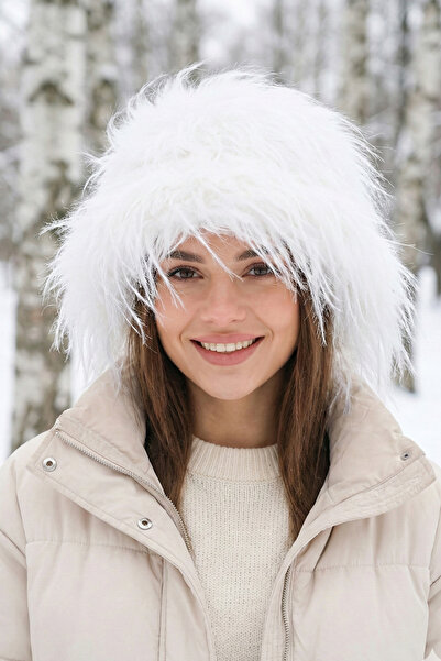 Kapin Saçaklı Kürk Peluş Ektra Kabarık Kalpak Şapka - Beyaz