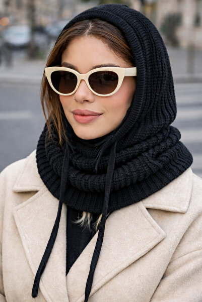 AnnaBa Kadın Balaclava Siyah triko örgü ipli balaklava