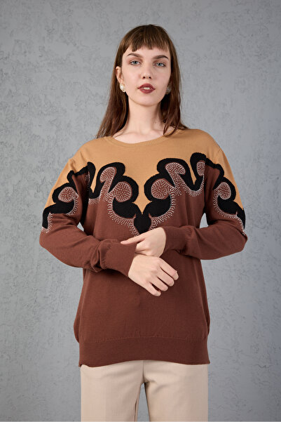 Moda Days Two-Tone Stone Detailed Crew Neck Knitwear Blouse