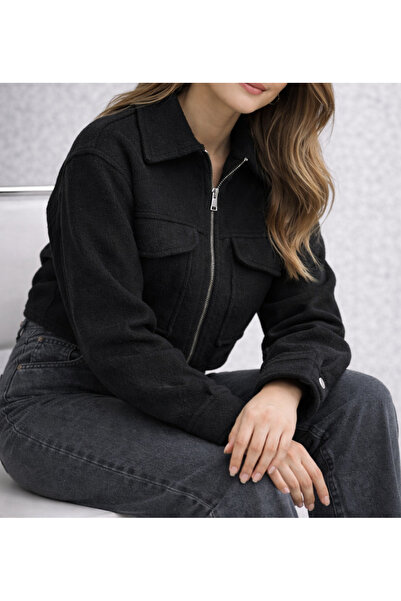 ayriss Cep Detaylı Crop Kesim Kaşe Mont