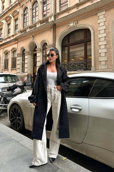 XXL BUTİK معطف نسائي أسود مبطن بحزام مريح |   موديل أنيق ESR002