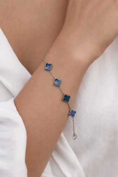 sheenez Stainless steel Yonca OneCleef Çelik Şans silver-Açık Mavi Zincir Bil...