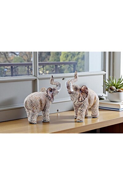 ELSELİFE Lüks İşlemeli Simli Feng Shui 2’li Fil Biblo Seti 15 cm Dekoratif Ye...