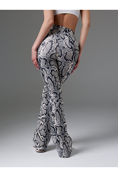 Moije Women's Snake Patterned Stretch Fabric Flared High Waist Black Anthraci...