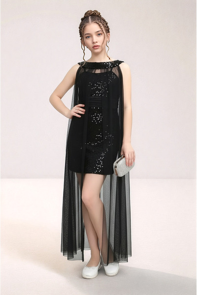 JOGCO Kız Çocuk Boydan Tül Detay Şık Payet İşleme Siyah Abiye Mezuniyet Elbisesi