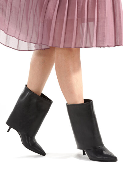 PİMORA Black Leather Long Boots Pointed Toe 5 cm Thin Heel New Season