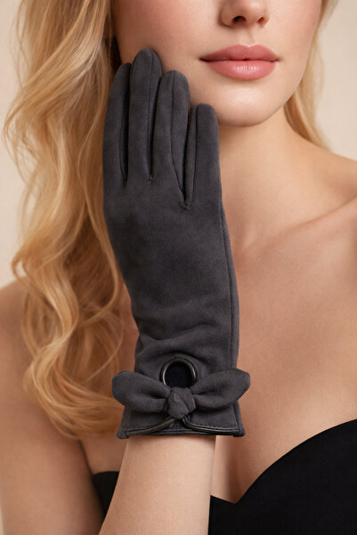 Şirin Giyim Aksesuar Kaşe Eldiven Fiyonk Detay Telefon Dokunmatikli Antrasit