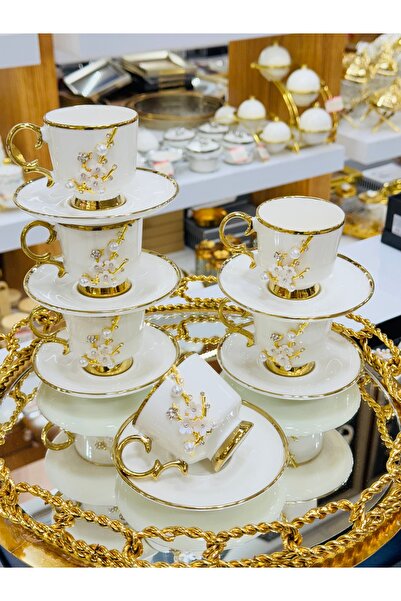 EVRA 6 Kişilik 12 Parça İnci Taşlı Porselen Fincan Takımı m45