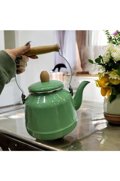 ALEV EMAYE 2,5 LT Ahşap Saplı Vintage Emaye Ihlamur & Bitki Demliği Kapaklı