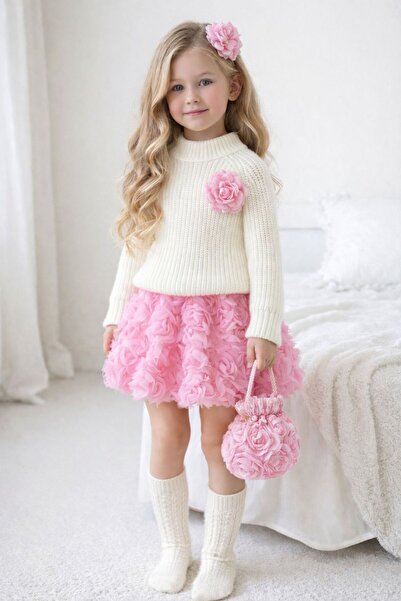 TREND NATURAL Girl's Knitwear Sweater and Rose Detailed Skirt with Buckle and...