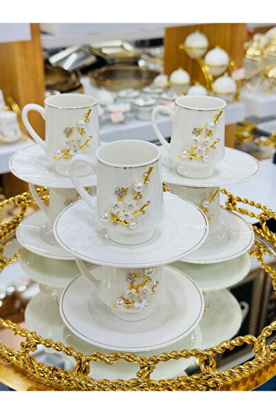 EVRA 6 Kişilik 12 Parça İnci Taşlı Porselen Fincan Takımı m46