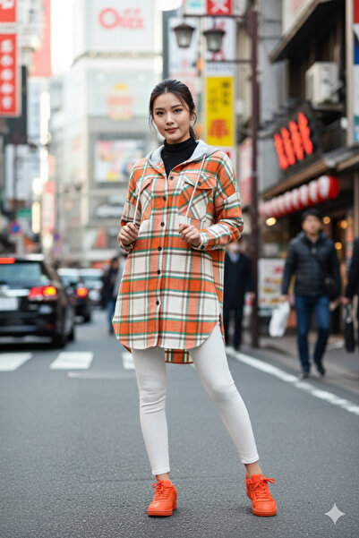 Polologin Butik Kadın Turuncu Ekose Desenli Oversize Kapüşonlu Oduncu Gömlek ...