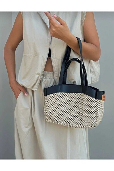 ÖZÜM TAKI A Kaiite Imported Straw Puppy Bag Women's Hand and Shoulder Bag Black