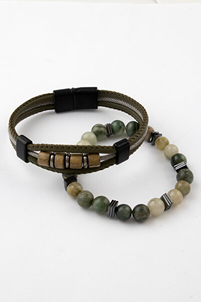 Sortie Aksesuar Genuine Leather Metal Detailed Hematite and Natural Stone Mag...