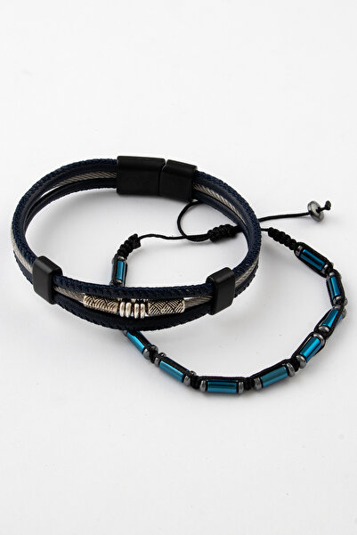 Sortie Aksesuar Genuine Leather Metal Detailed Hematite and Natural Stone Mag...