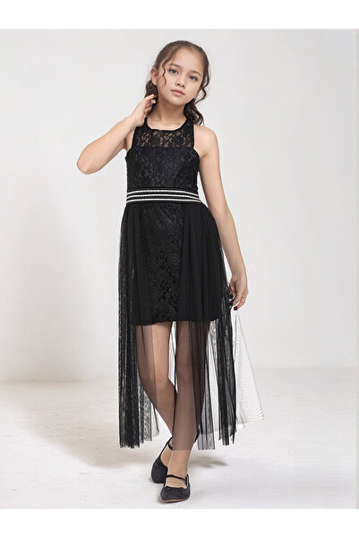 Your Consent Girl's Waist-Tied Tulle Embroidered Stylish Black Evening Dress Graduation Special Occasion Dress