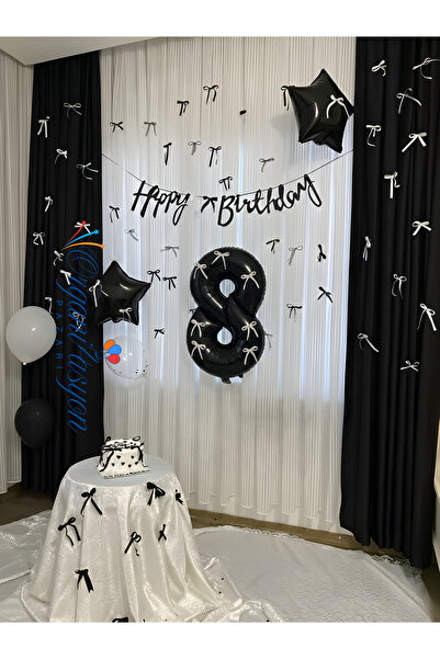 Organizasyon Pazarı Black and White 8Th Birthday Party Set – Number 8 Foil Ba...