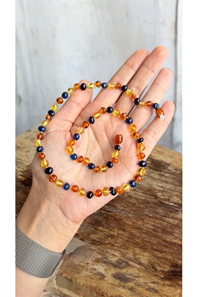 Kehribarkolyecimm Mavi multicolor damla kehribar kolye