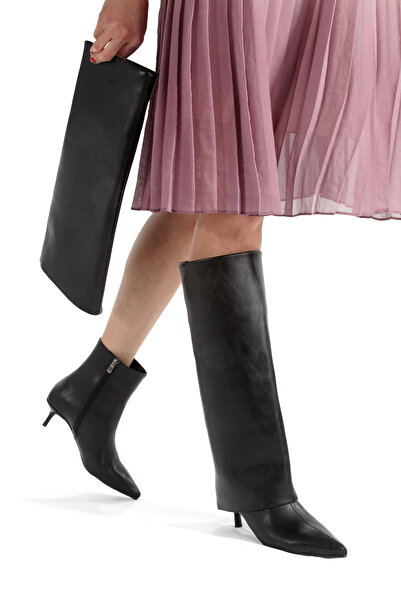 PİMORA Black Leather Boots-Pointed Toe 5 cm Thin Heel New Season