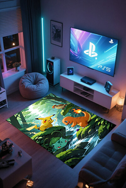 Reyhani Pokemon 1 serisi Kaymaz Taban Makinede Yıkanabilir Çocuk Gamıng Halıs...