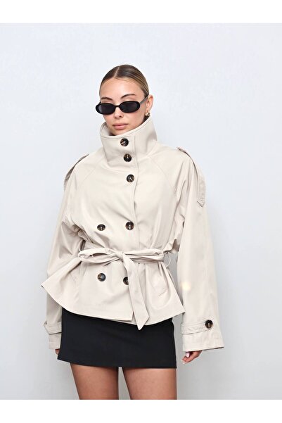 SPICA STORE Bej Dik Yaka Oversıze Kemerli Trençkot