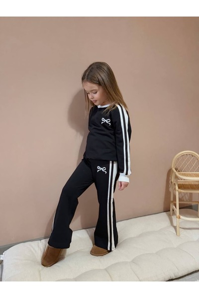 Pinkitokids 2 Thread Girls' Suit with Ribbon Embroidery - Black