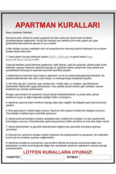 nevayapıvedekorasyon Apartman Kuralları A4 boyut sticker