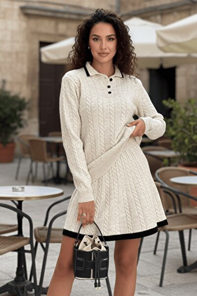 Lunarose طقم فستان تريكو صغير منقوش بياقة بولو بلون بيج رملي