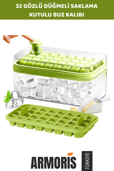 Armoris قالب مكعبات ثلج مزدوج بـ 32 فتحة بتصميم جديد مع صندوق تخزين وزر ضغط عملي