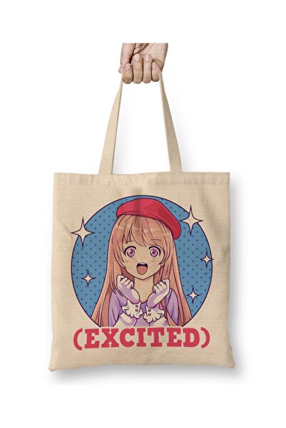 Toyaso Cute Excited Anime Girl Funny Excited Face White Cloth Bag Long Handle...