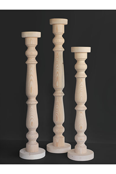 Ahşap Cilasız Ağaç 3'lü Dekoratif Şamdan Mumluk Torna El İşçiliği, 75-85-95 cm