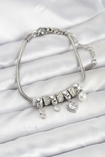 Skygo سوار نسائي من النحاس الفضي اللون مع قلادة على شكل قلب - TJ-BB8208