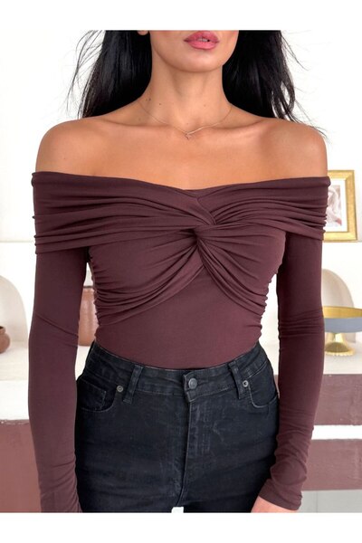 Perry Boutique Coffee Madonna Collar Knot Detailed Long Sleeve Blouse