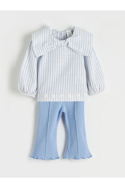 LC Waikiki Bluză și colanți pentru fetițe, cu dungi, cu guler cu fundă ecru