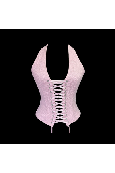 ANMENA Pembe Dokulu Kumaş Önden Bağlamalı Korse