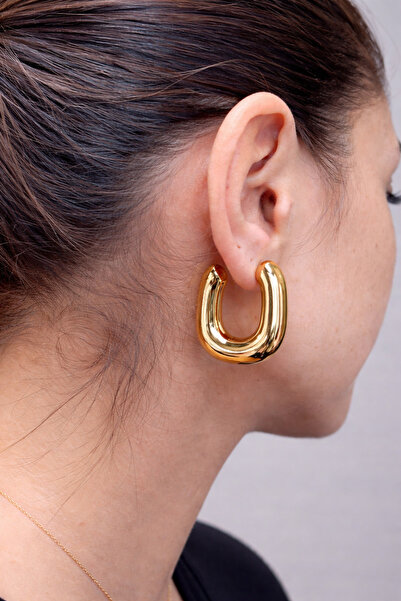 DEFLORE Çelik Küpe Gold Bombeli Halka – İçi Boş Hafif Tasarım