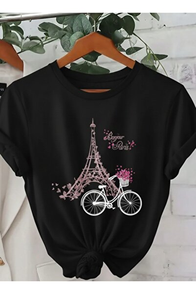 one button تي شيرت بونجور باريس مطبوع للجنسين ذو تفاصيل أساسية وياقة دائرية ع...