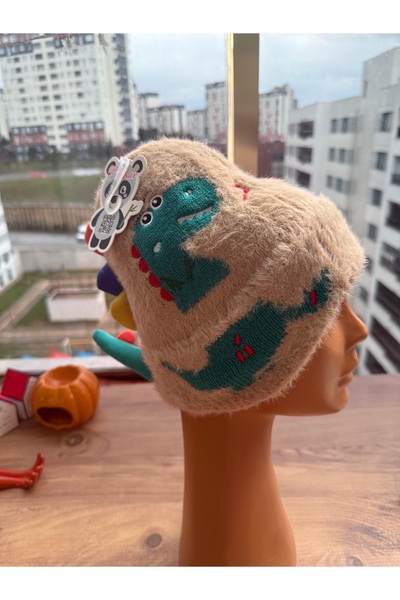 Blotch Cute Dinosaur Embroidered Double-Layered Plush Inside Camel Hat with C...