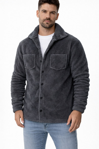 LACHAREL Unisex peluş gömlek ceket - düğmeli, çift cepli kışlık