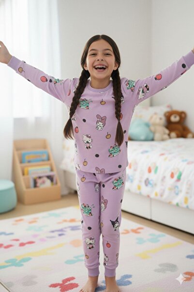 İsobel Kids Kız Çocuk Lila Renk Uzun Kol Kuromi Desenli İnterlok Pijama Takımı