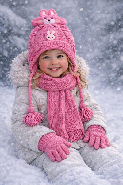 Monkabox Dark Pink Rabbit Fleece Scarf Beanie Gloves Set for Ages 1-4