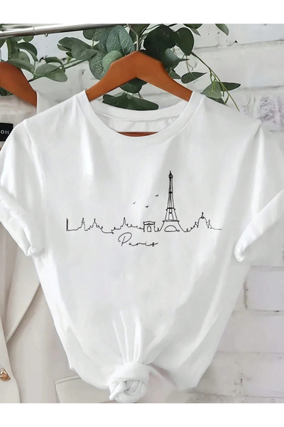 one button تي شيرت باريسي للجنسين مطبوع بتفاصيل برج إيفل وياقة دائرية عادية م...